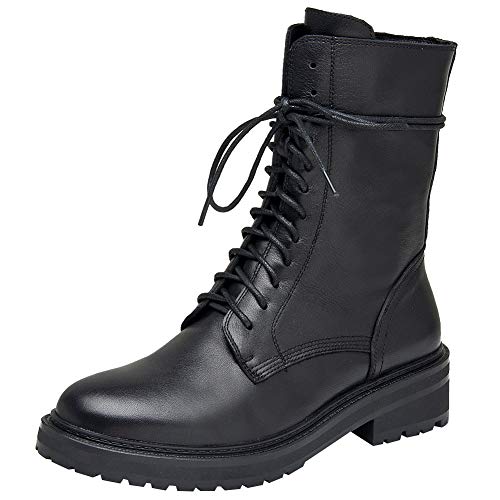 rismart Damen Biker Boots Mid-Calf Leder Stiefeletten mit Reißverschluss Schnürer Combat Boots(Schwarz,35 EU,225mm) von rismart