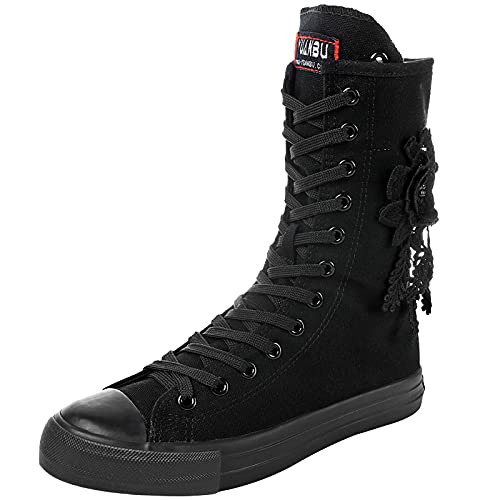 rismart Damen Canvas Stiefel Stickerei Langschaft Leinenschuhe Drucken Modisch Schnüren Hohe Segeltuch Stiefel für Frauen(Schwarz Blume,39 EU) von rismart