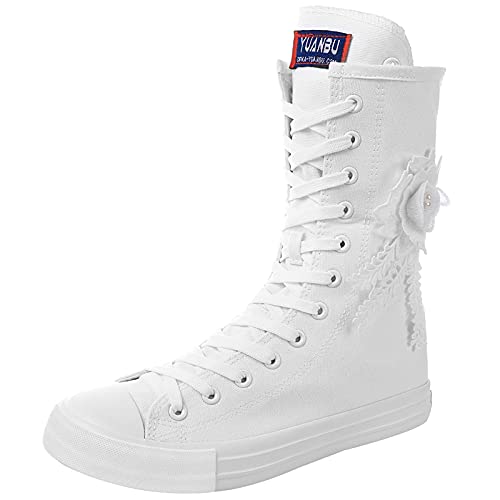 rismart Damen Canvas Stiefel Stickerei Langschaft Leinenschuhe Drucken Modisch Schnüren Hohe Segeltuch Stiefel für Frauen(Weiß Blume,37 EU) von rismart