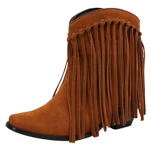 rismart Damen Cowboy Stiefeletten Gefranst Breites Kalb Klein Eckige Zehen Westlich Bootie Gelb Braun, 39 EU von rismart