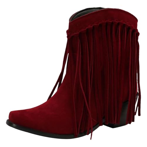 rismart Damen Cowboy Stiefeletten Gefranst Breites Kalb Klein Eckige Zehen Westlich Bootie Rot, 38 EU von rismart