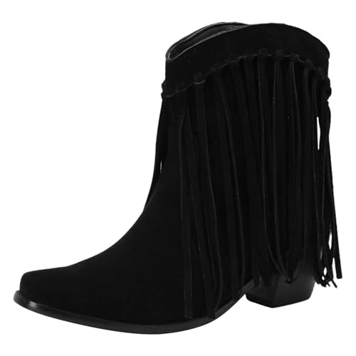 rismart Damen Cowboy Stiefeletten Gefranst Breites Kalb Klein Eckige Zehen Westlich Bootie Schwarz, 40 EU von rismart