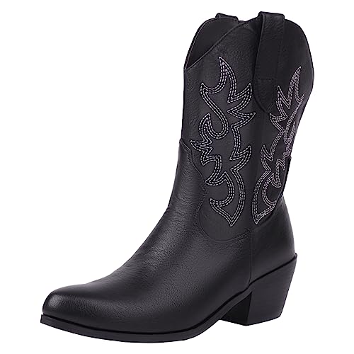 rismart Damen Cowboystiefel Western Stiefel Mitte Kalb Gestickt Cowgirl Schuhe Schwarz,40 von rismart