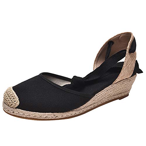 rismart Damen Espadrilles Sandalen Keilabsatz Knöchelriemen Sommer Schuhe SN02714(Schwarz,36 EU) von rismart