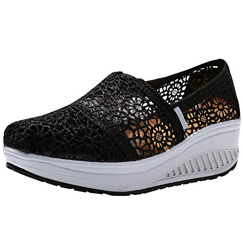 rismart Damen Häkeln Lace Spitze Schlüpfen Keil Turnschuhe Komfort Casual Gehen Schuhe(Schwarz,37 EU) von rismart