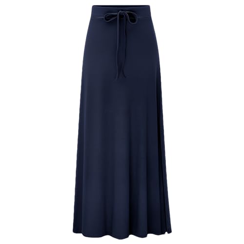rismart Damen Hohe Taille Rock Maxi Lang Länge Knöchellang Lässig Baumwoll Mischung Röcke XS-4XL Marineblau,XXL von rismart