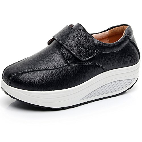 rismart Damen Keilabsatz Klettverschluss Gemütlich Niedlich Leder Mode Sneakers SN8787(Schwarz,EU35) von rismart