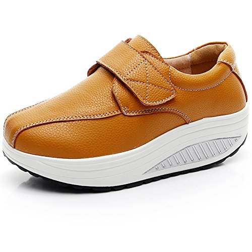 rismart Damen Keilabsatz Klettverschluss Gemütlich Niedlich Leder Mode Sneakers SN8787(Tan,EU35.5) von rismart