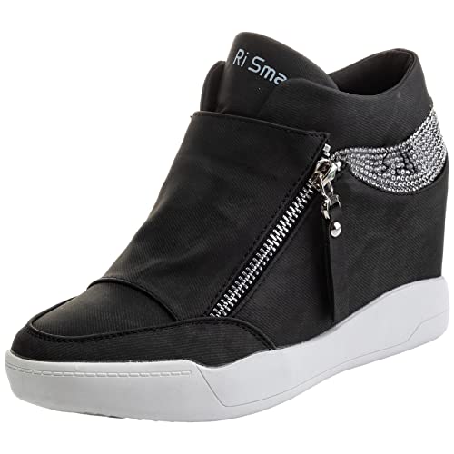 rismart Damen Keilabsatz Plateau Freizeitschuhe Mode Sneaker SN15018 (Denim Schwarz,35 EU) von rismart