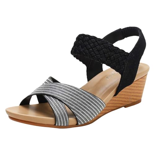 rismart Damen Keilabsatz Sandalen Kreuzriemen Absatz Geflochten Offene Zehen Sommer Schuhe, Schwarz, 41 von rismart