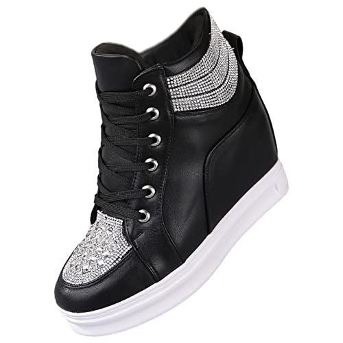 rismart Damen Keilabsatz Trainers Funkeln High Top Schnüren Ankle Bootie Schwarz,35 EU von rismart