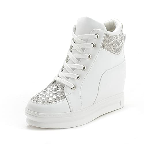 rismart Damen Keilabsatz Trainers Funkeln High Top Schnüren Ankle Bootie Weiß,36.5 EU von rismart