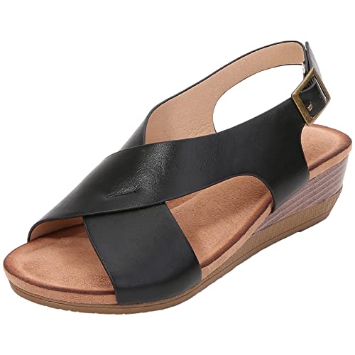 rismart Damen Keilsandalen Crisscross Strap Niedriger Absatz Offener Zeh Sommer Sandale Schuhe Schwarz,36 von rismart