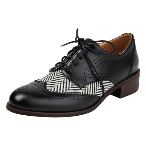 rismart Damen Klassisch Schnürung Wingtip Klobiger Absatz Kontrast Oxfords Anzugschuhe Schwarz, 39 EU von rismart