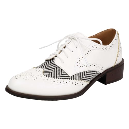 rismart Damen Klassisch Schnürung Wingtip Klobiger Absatz Kontrast Oxfords Anzugschuhe Weiß, 40 EU von rismart