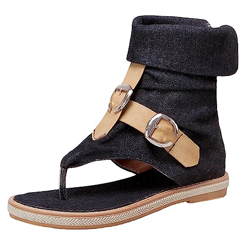 rismart Damen Knöchelhoch Jeansblau Gladiator Sandale Clip Zehe Niedriger Absatz Sommerschuhe Schwarz,41 von rismart