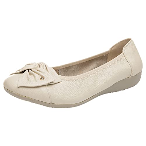 rismart Damen Leder Ballerinas Flache Slip on Pumps Arbeitsschuhe mit Bogen Beige,39 von rismart