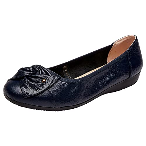 rismart Damen Leder Ballerinas Flache Slip on Pumps Arbeitsschuhe mit Bogen Marine Blau,37 von rismart