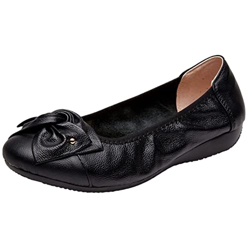 rismart Damen Leder Ballerinas Flache Slip on Pumps Arbeitsschuhe mit Bogen Schwarz,38 von rismart
