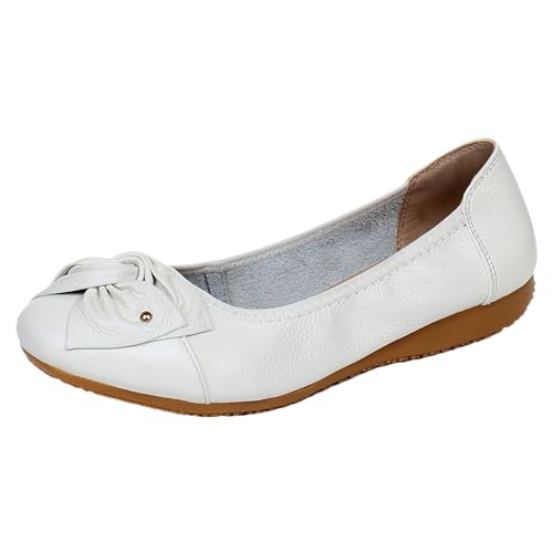 rismart Damen Leder Ballerinas Flache Slip on Pumps Arbeitsschuhe mit Bogen Weiß,39 von rismart