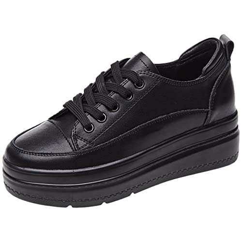 rismart Damen Leder Sneaker Schuhe Versteckt Keil Ferse Schnüren Komfort Turnschuhe Schwarz W,35 von rismart