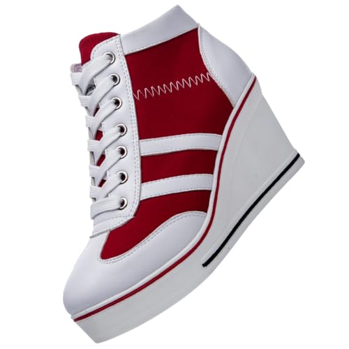 rismart Damen Leinwand Sneaker mit Keilabsatz Plateau High Top Freizeitschuhe, Rot Weiß, 39 EU von rismart