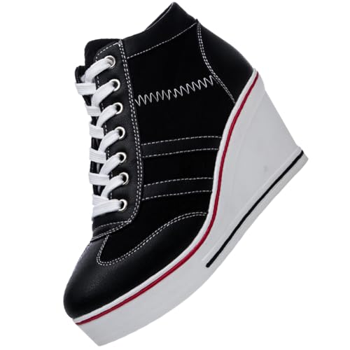 rismart Damen Leinwand Sneaker mit Keilabsatz Plateau High Top Freizeitschuhe, Schwarz, 38.5 EU von rismart