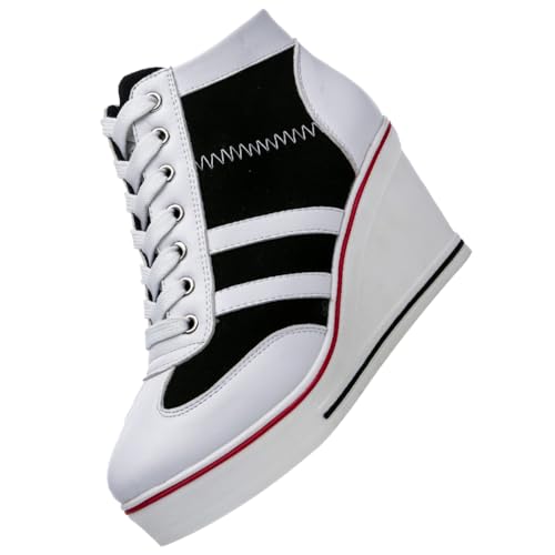 rismart Damen Leinwand Sneaker mit Keilabsatz Plateau High Top Freizeitschuhe, Schwarz Weiß, 39 EU von rismart