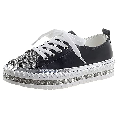 rismart Damen Mode Sneaker Strasssteine Low-Top Schnürung Turnschuhe Gehen Plattform Trainer Schwarz, 42 EU von rismart