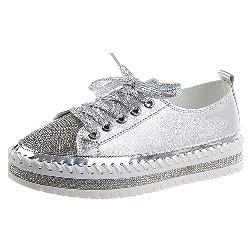 rismart Damen Mode Sneaker Strasssteine Low-Top Schnürung Turnschuhe Gehen Plattform Trainer Silber, 38 EU von rismart