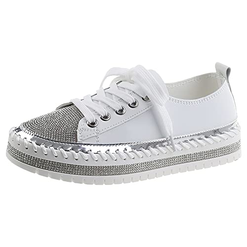 rismart Damen Mode Sneaker Strasssteine Low-Top Schnürung Turnschuhe Gehen Plattform Trainer Weiß, 37 EU von rismart