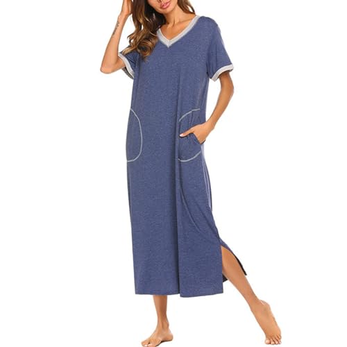 rismart Damen Nachthemd Kurzarm Langes Nachtgewand Knöchellang Nachtwäsche Blau,XL von rismart