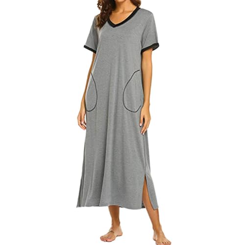 rismart Damen Nachthemd Kurzarm Langes Nachtgewand Knöchellang Nachtwäsche Grau,L von rismart