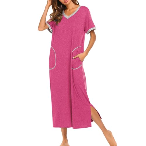 rismart Damen Nachthemd Kurzarm Langes Nachtgewand Knöchellang Nachtwäsche Kirsche,L von rismart