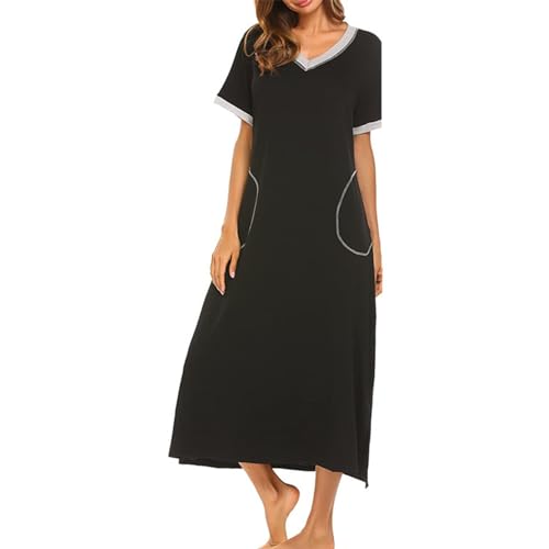 rismart Damen Nachthemd Kurzarm Langes Nachtgewand Knöchellang Nachtwäsche Schwarz,XXL von rismart
