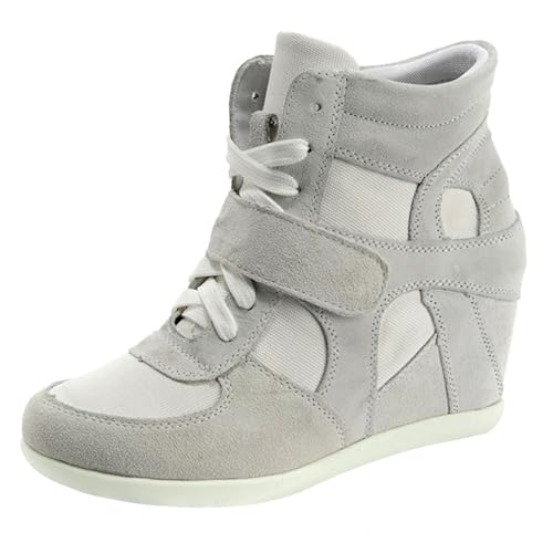 rismart Damen Niedlich Keil Beiläufig Hakenschleife Wildleder Stoff Sneaker Schuhe 8522(Grau&Weiß,EU39) von rismart