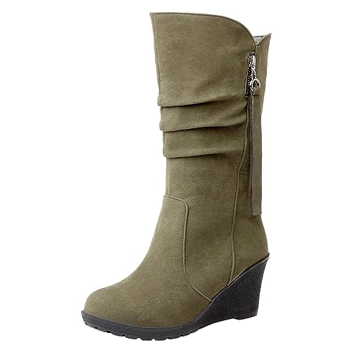 rismart Damen Schlupfstiefel Wadenhoch Keilabsatz Dünn Fellimitat Wildleder Winterschuhe Armeegrün,37 von rismart