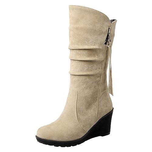 rismart Damen Schlupfstiefel Wadenhoch Keilabsatz Dünn Fellimitat Wildleder Winterschuhe Beige,38 von rismart