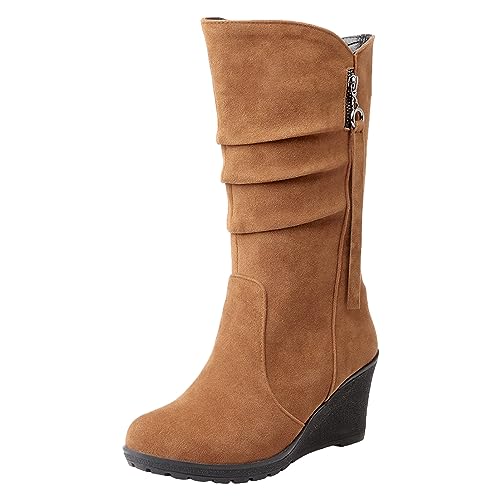 rismart Damen Schlupfstiefel Wadenhoch Keilabsatz Dünn Fellimitat Wildleder Winterschuhe Braun,38 von rismart