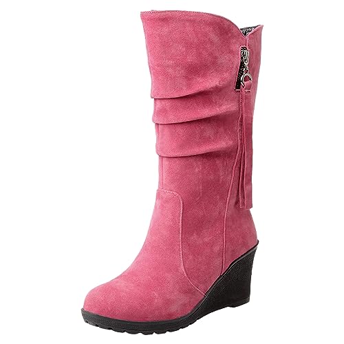 rismart Damen Schlupfstiefel Wadenhoch Keilabsatz Dünn Fellimitat Wildleder Winterschuhe Fuchsie,40 von rismart