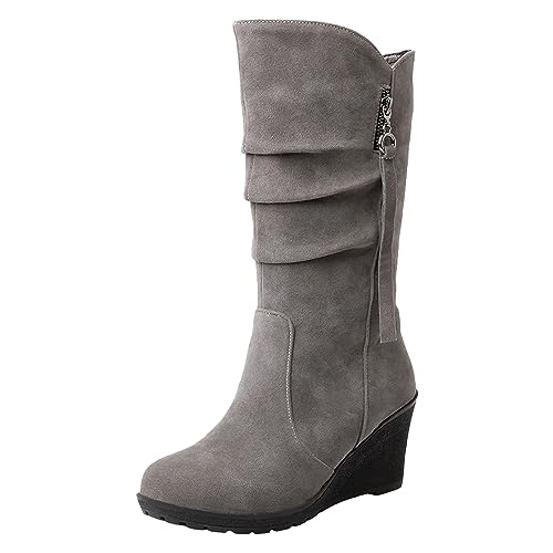 rismart Damen Schlupfstiefel Wadenhoch Keilabsatz Dünn Fellimitat Wildleder Winterschuhe Grau,40 von rismart