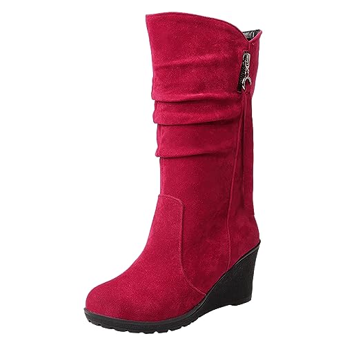 rismart Damen Schlupfstiefel Wadenhoch Keilabsatz Dünn Fellimitat Wildleder Winterschuhe Rot,37 von rismart
