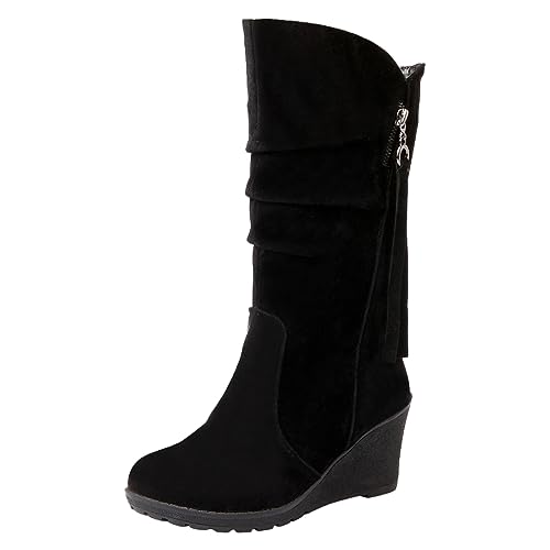 rismart Damen Schlupfstiefel Wadenhoch Keilabsatz Dünn Fellimitat Wildleder Winterschuhe Schwarz,40.5 von rismart