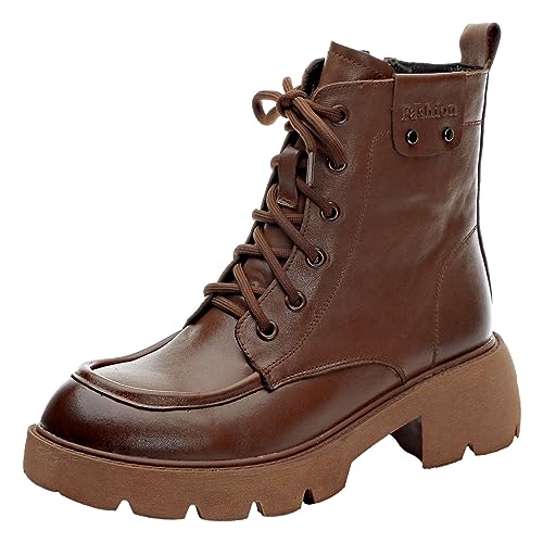 rismart Damen Schnürung Stiefeletten mit Reißverschluss Chunky Heel Runde Zehe Leder Kampfstiefel Braun, 37 EU von rismart