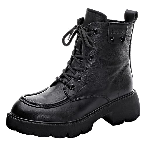 rismart Damen Schnürung Stiefeletten mit Reißverschluss Chunky Heel Runde Zehe Leder Kampfstiefel Schwarz, 39 EU von rismart