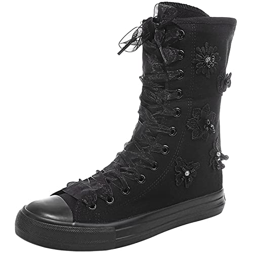 rismart Damen Segeltuch Stiefel Stickerei Langschaft Canvas Boots Wadenlänge Modisch Schnüren Freizeit Stiefeletten(Schwarz-Perle flower2,41 EU) von rismart
