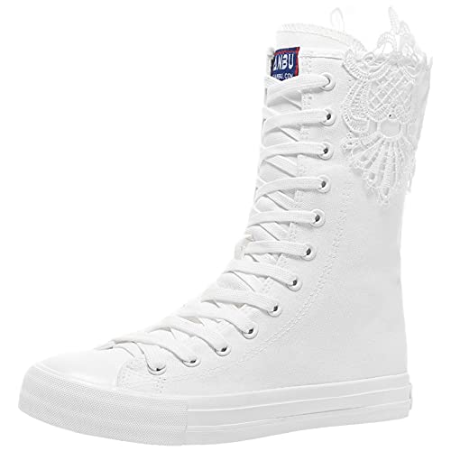 rismart Damen Segeltuch Stiefel Wadenlänge Modisch Schnüren Mädchen Punk Stil Sneaker Reißver Weiß/Schwarz Leinenschuhe(White-lace,5 UK) von rismart