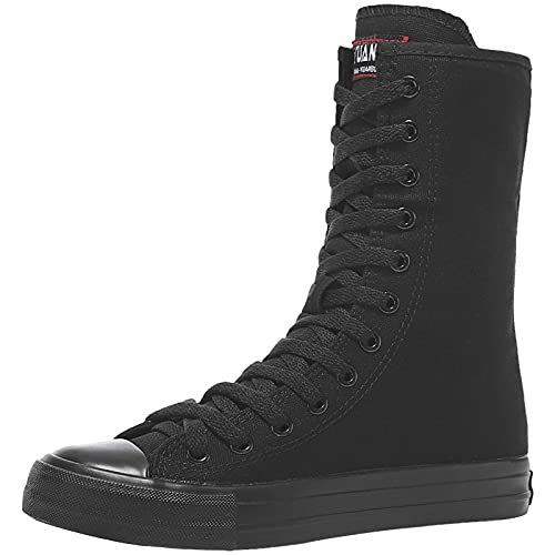 rismart Damen Segeltuch Stiefel Wadenlänge Modisch Schnüren Mädchen Punk Stil Sneaker Reißver Weiß/Schwarz Leinenschuhe (Schwarz,36 EU) von rismart