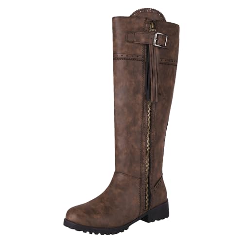 rismart Damen Stiefel Kniehoch Runde Zehe Ferse Reißverschluss Langstiefel Herbst Winter Schuhe Braun PU,40 von rismart