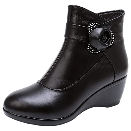 rismart Damen Stiefel Schwarz Leder Knöchelhoch Kurz Keil Winterstiefel Stiefelette Schwarz,35.5 von rismart